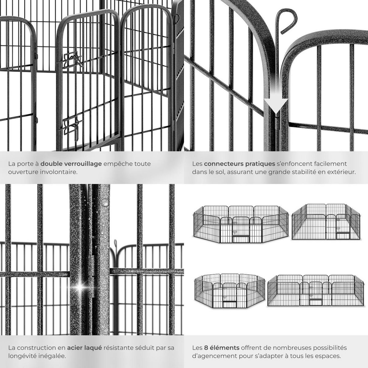 tectake Enclos pour chiots et chiens 8 parties, pliable gris