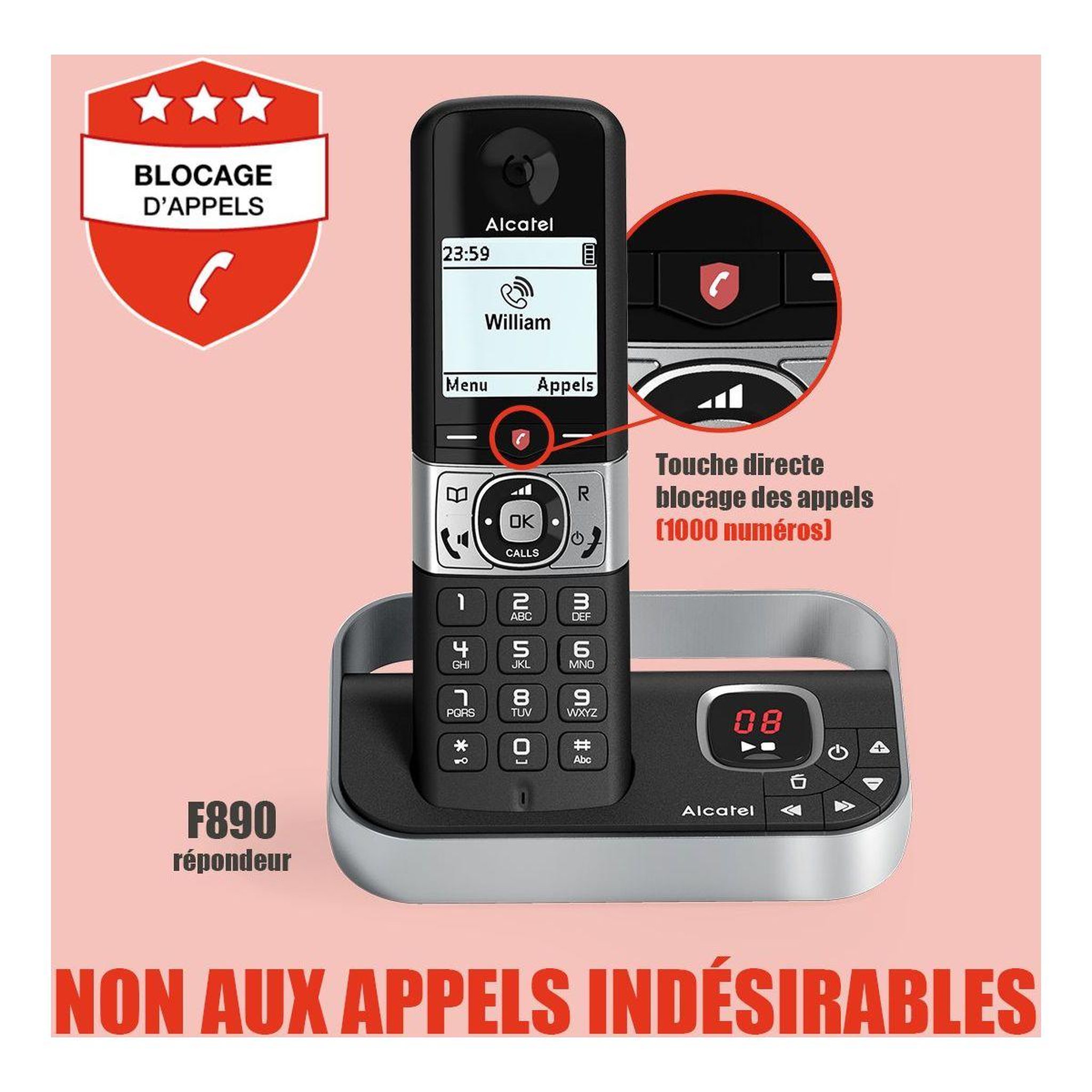Voir la diapositive 3 : Alcatel Téléphone sans fil F890 Voice Noir
