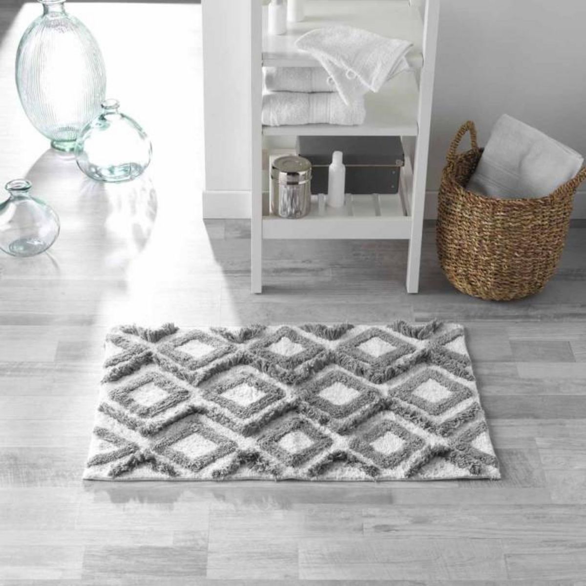 Paris Prix Tapis de Salle de Bain  Ikatis  50x80cm Blanc & Gris