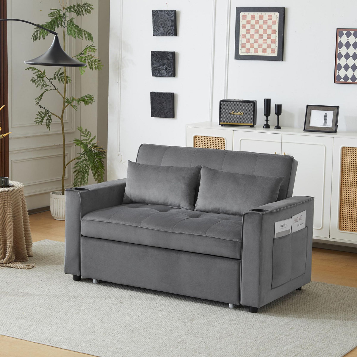 MERAX Canapé Convertible 2 Places Avec 2 Porte-gobelets Velours Gris