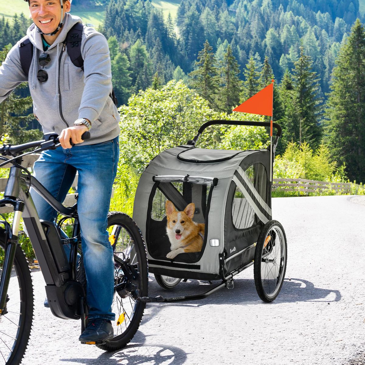 PAWHUT Remorque vélo jogger 2 en 1 pour animaux drapeau roue avant pivotante réflecteurs gris noir