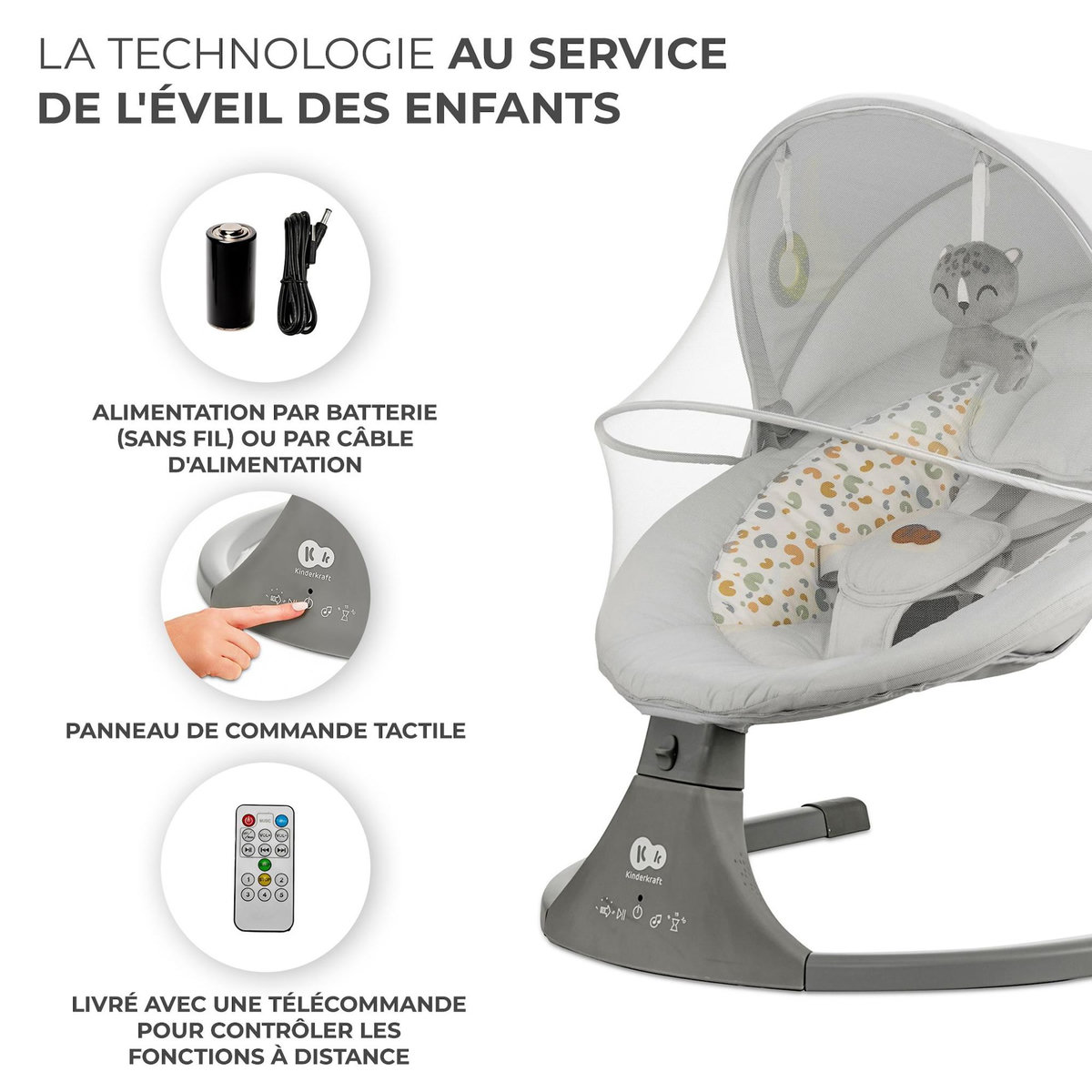 KINDERKRAFT Balancelle transat electrique 2en1 clair pratique