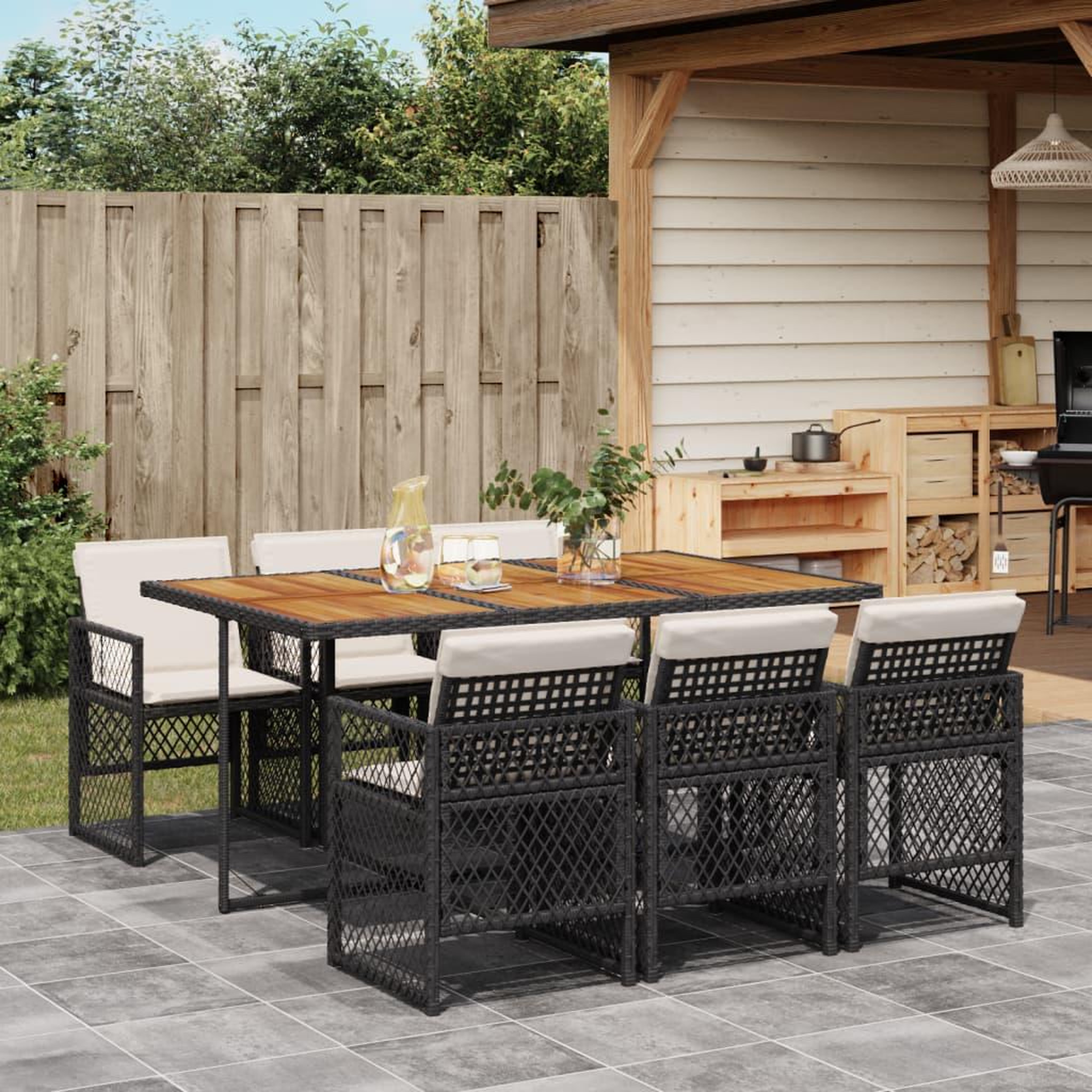 VIDAXL Ensemble a manger de jardin coussins 7 pcs noir resine tressee