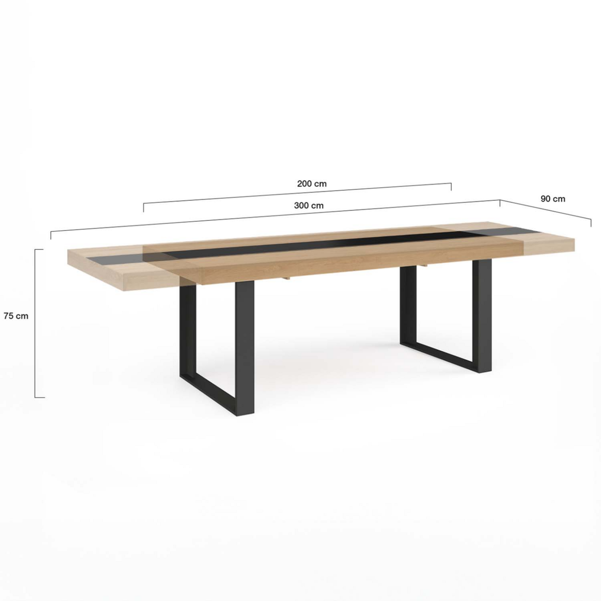 ID MARKET Table à manger extensible rectangle PHOENIX 6-12 personnes bois et noir bande centrale noire 200-300 cm