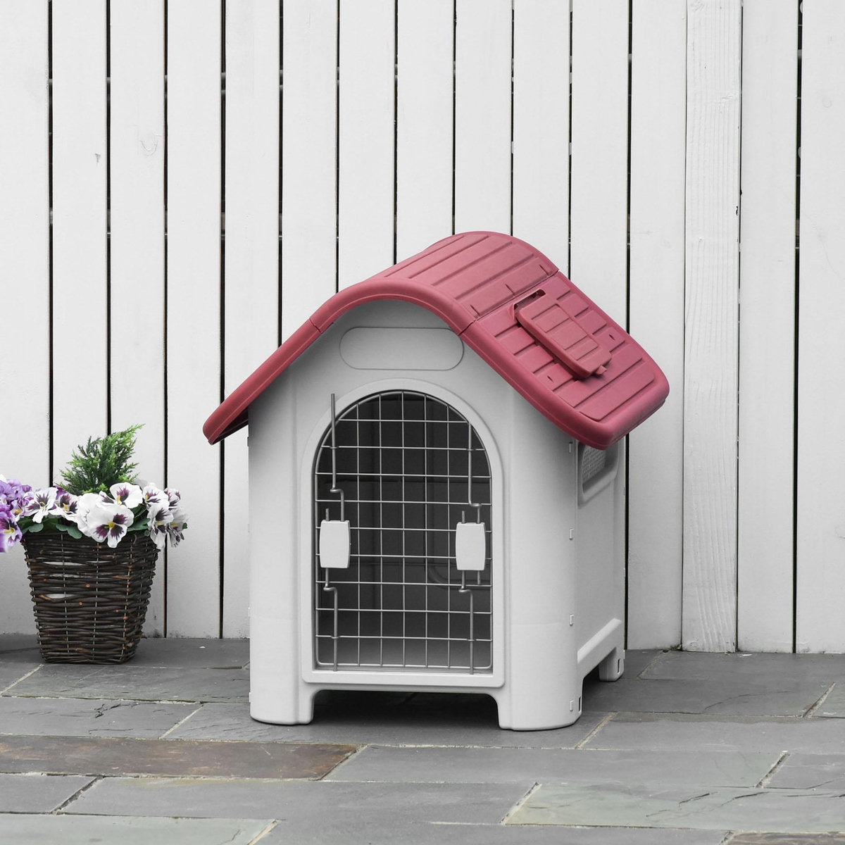 PAWHUT Niche pour chien plastique porte métal verrouillable aérations lucarne - 59 x 75 x 66 cm - gris clair rouge