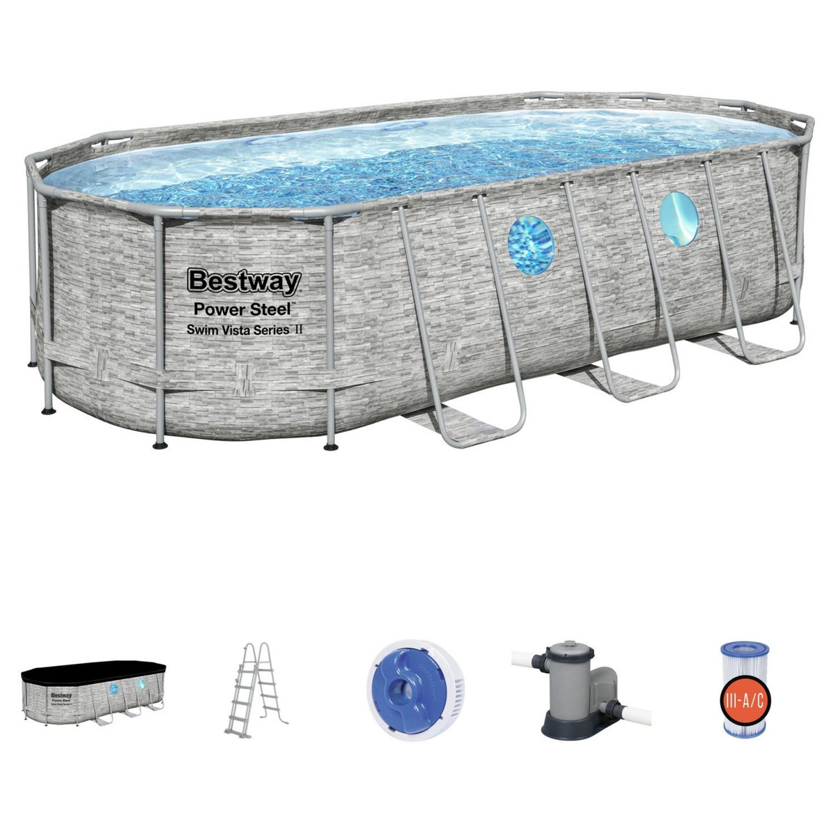BESTWAY Piscine tubulaire ovale motif pierres avec hublots 549x274x122cm Power Steel&trade; SwimVista