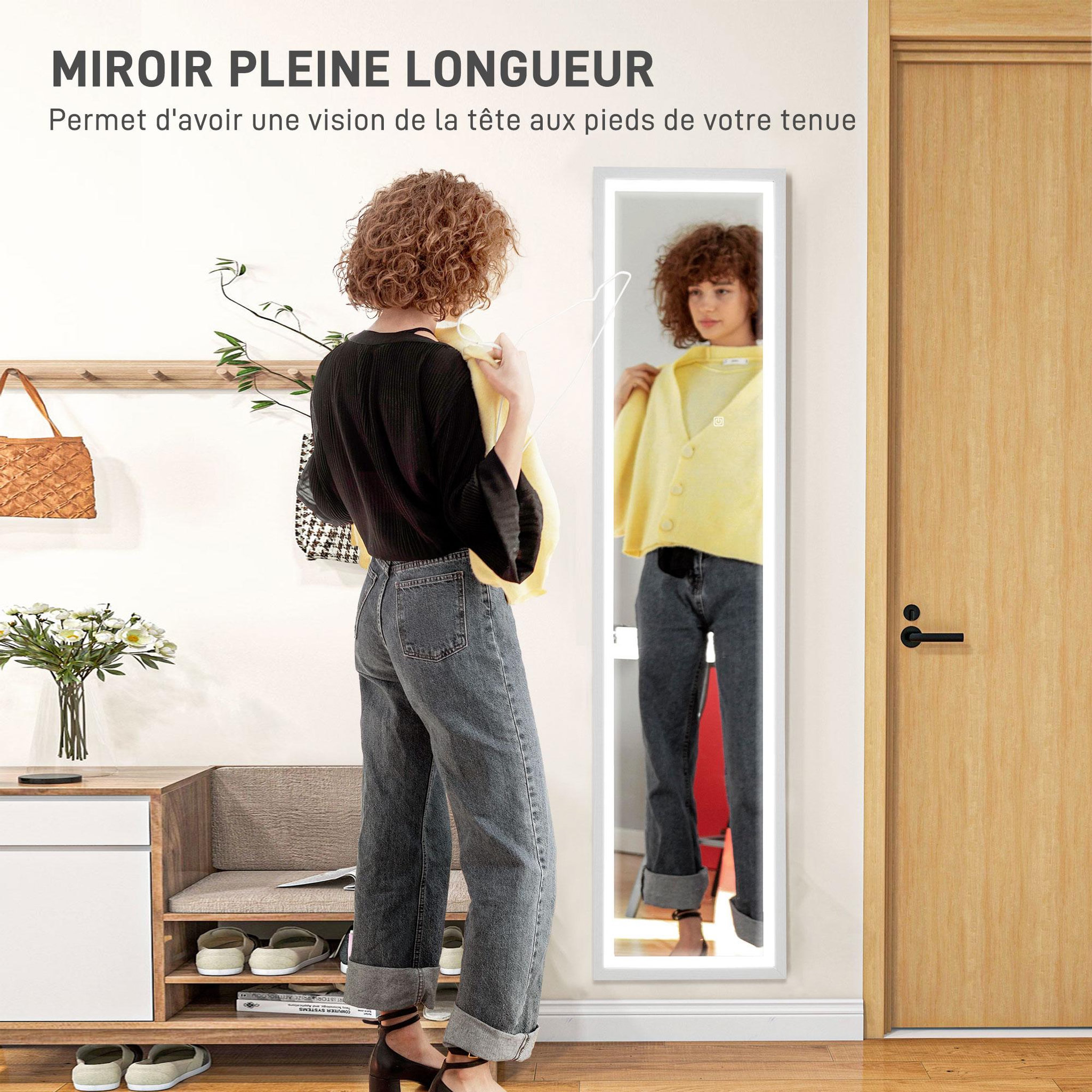 Voir la diapositive 5 : HOMCOM Grand miroir led pleine longueur 40 x 160 cm autoportant ou à fixer - 3 couleurs luminosité réglable - effet bois blanc