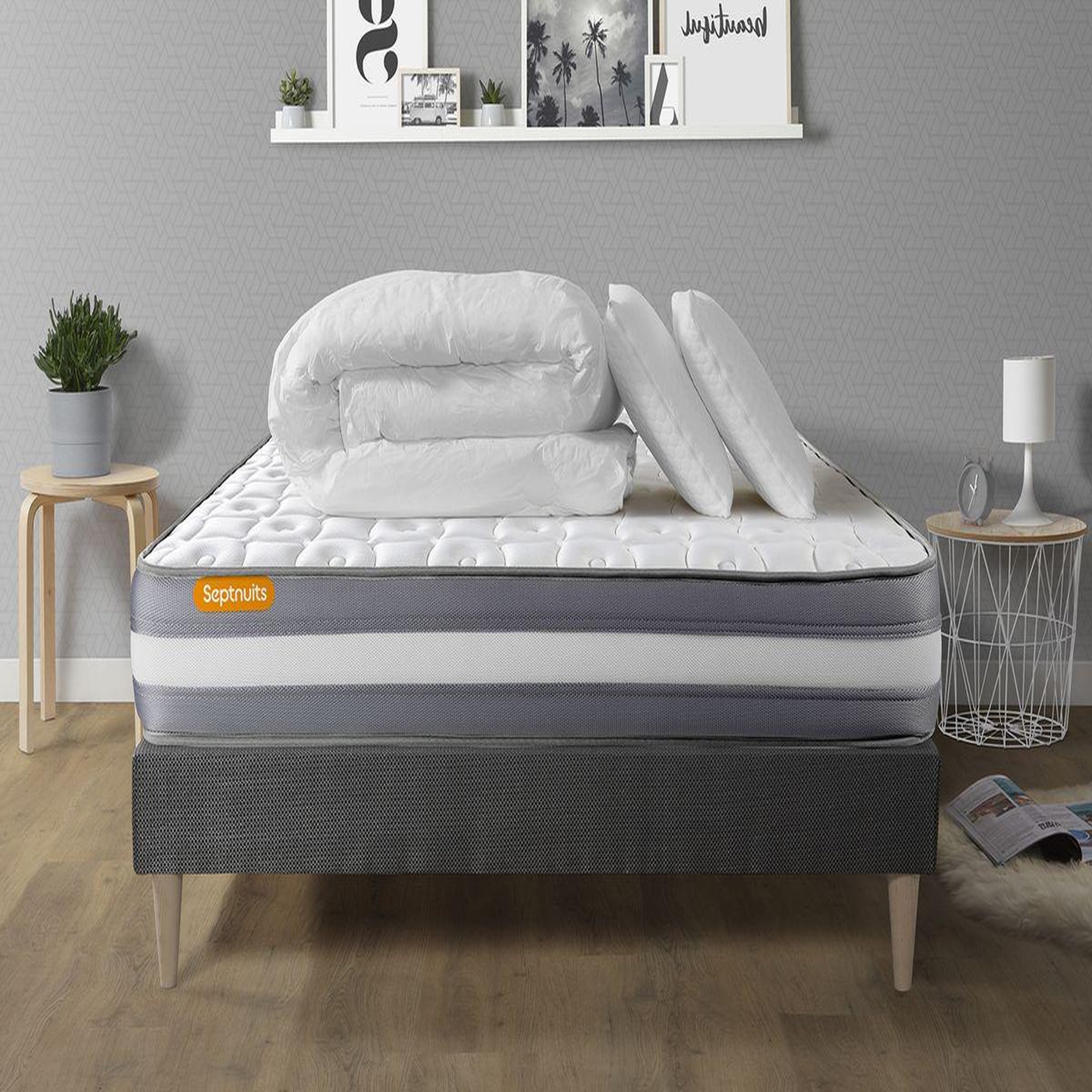 Voir la diapositive 1 : SEPTNUITS PACK matelas + sommier kit gris Memo Plus Mémoire de forme + 2 oreillers + couette