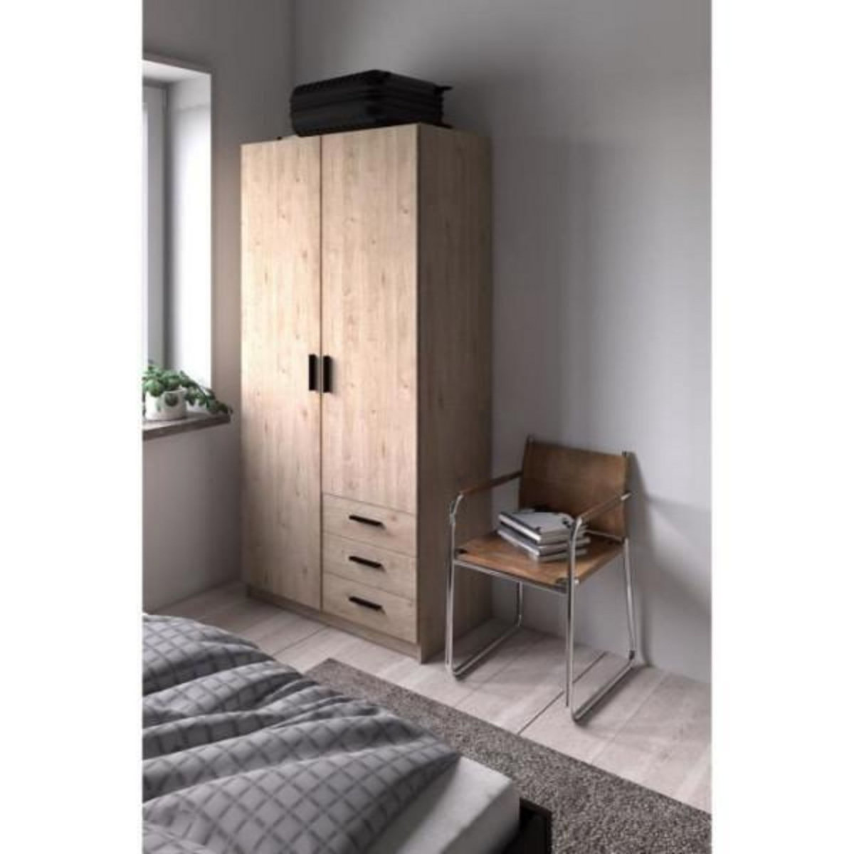 TVILUM Armoire VEGA - Décor chene - 2 portes + 3 tiroirs - L 98,5 x P 49,6 x H 200,4 cm