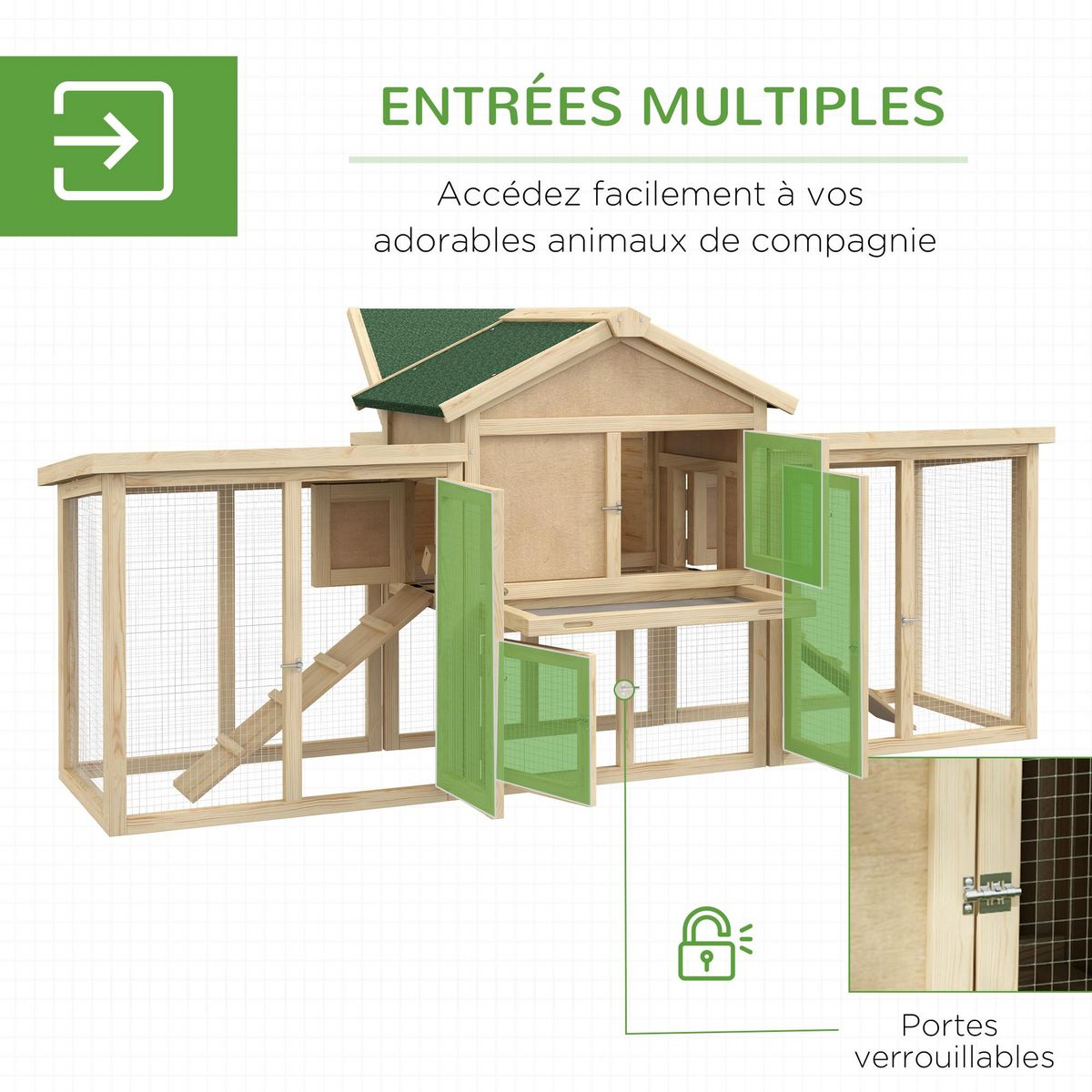 PAWHUT Poulailler modèle chalet multi-équipé - rampes, nichoirs, pondoirs, plateau déjection, fenêtre, portes - bois sapin pré-huilé