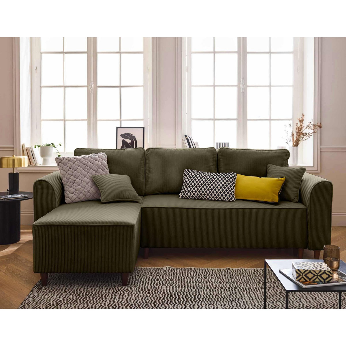 BEST MOBILIER Saphir - canapé d'angle réversible 4 places - convertible avec coffre - en velours côtelé