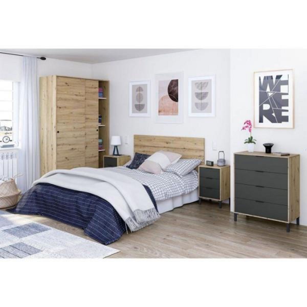 CALICOSY CALICOSY - Commode 4 tiroirs décor chene noueux et gris anthracite - L77,5 cm - Bois clair