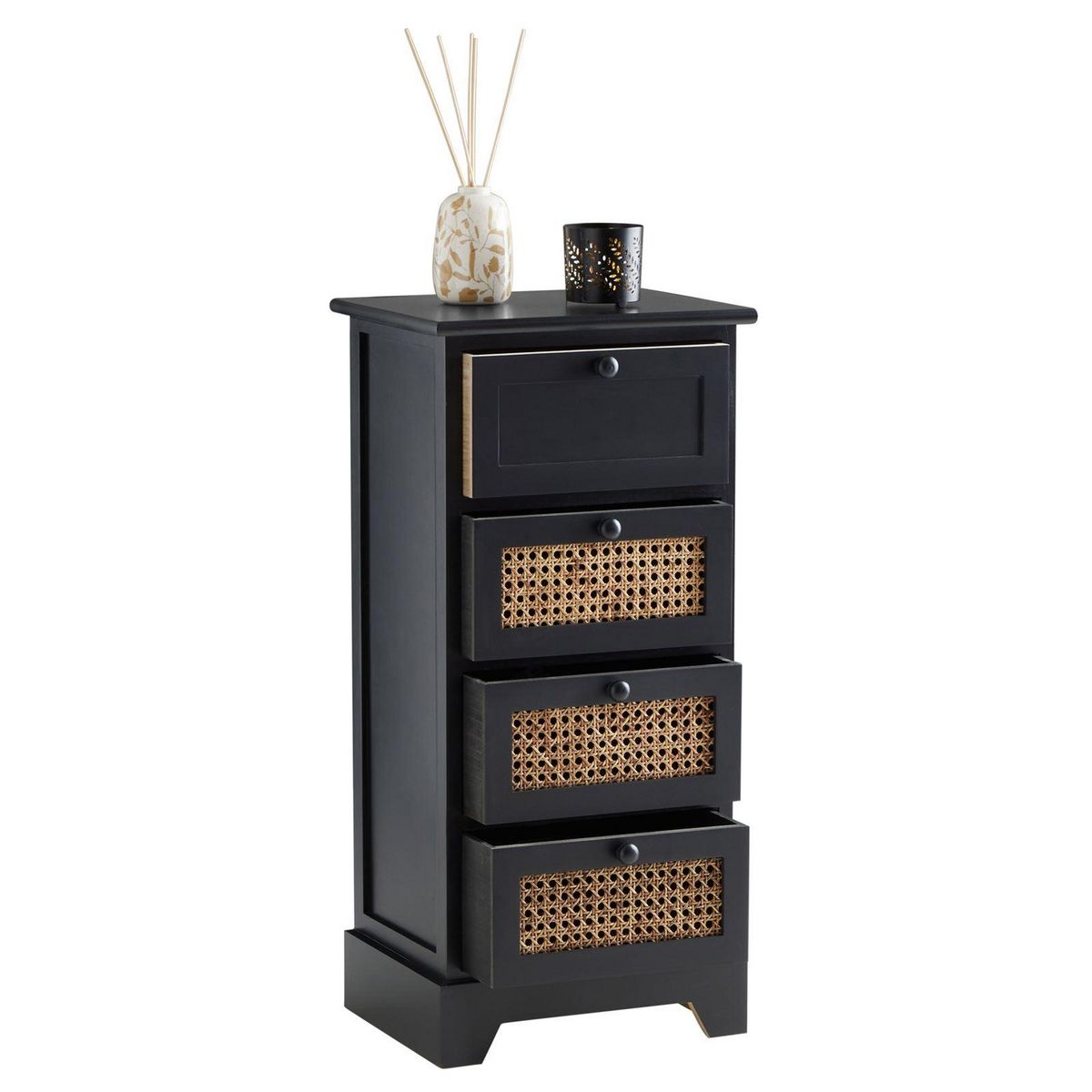 IDIMEX Chiffonnier JASMIN avec 4 tiroirs, en bois de paulownia et rotin