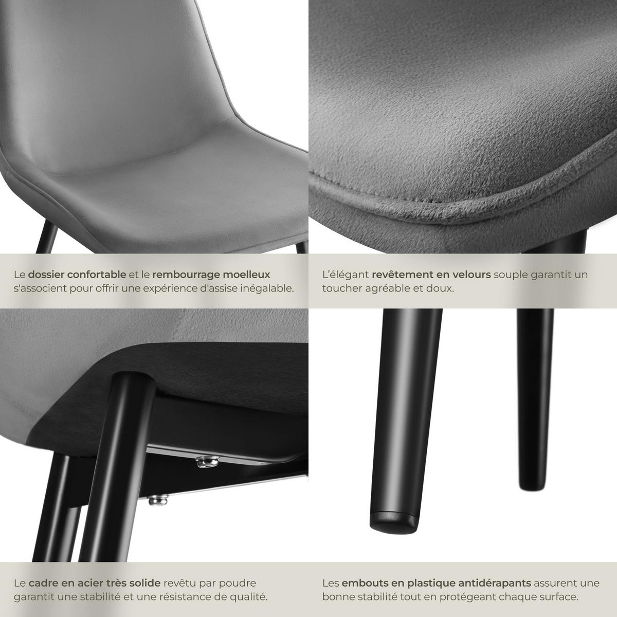 tectake Lot de chaises rembourrées aspect velours gris Lot de 4