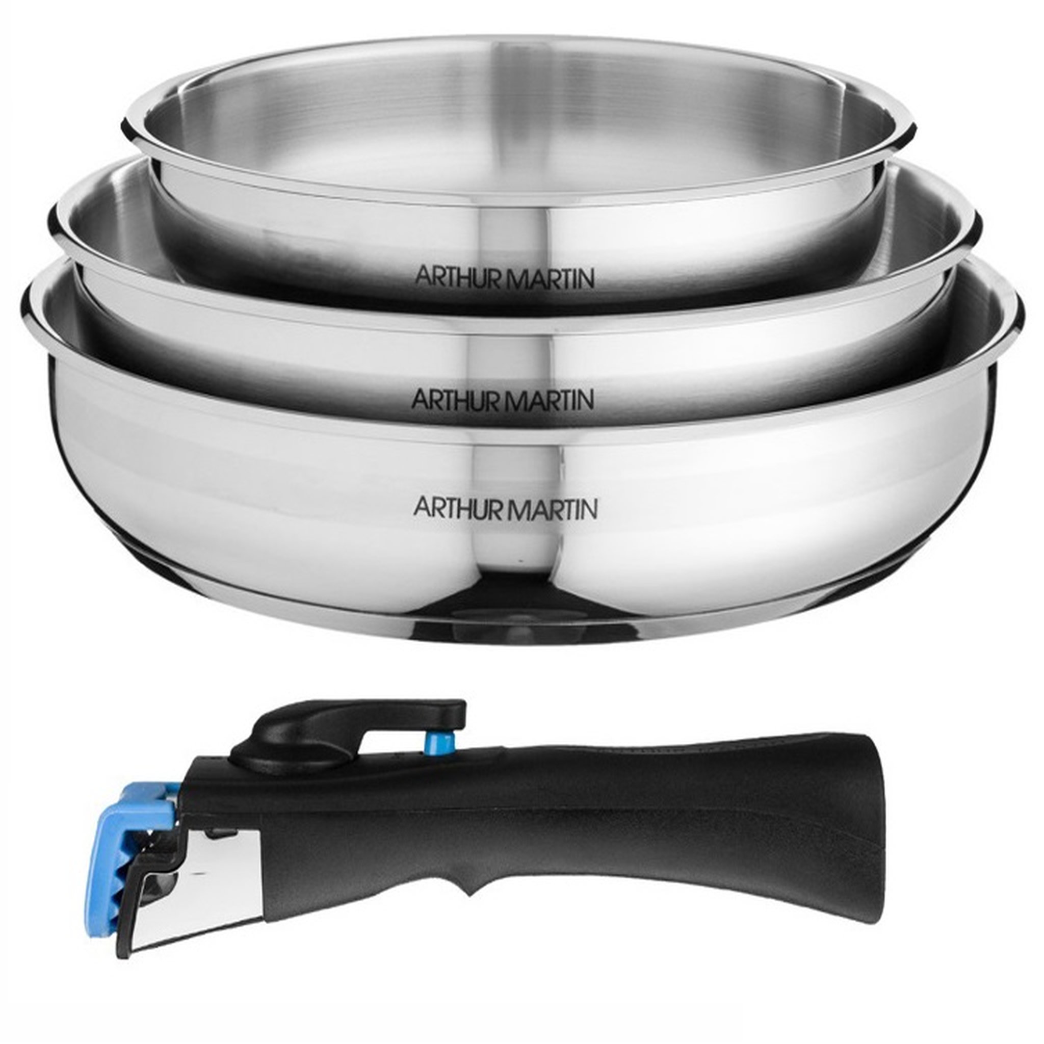 Arthur Martin Set de 3 poêles inox 20/24/26 cm induction avec poignée amovible