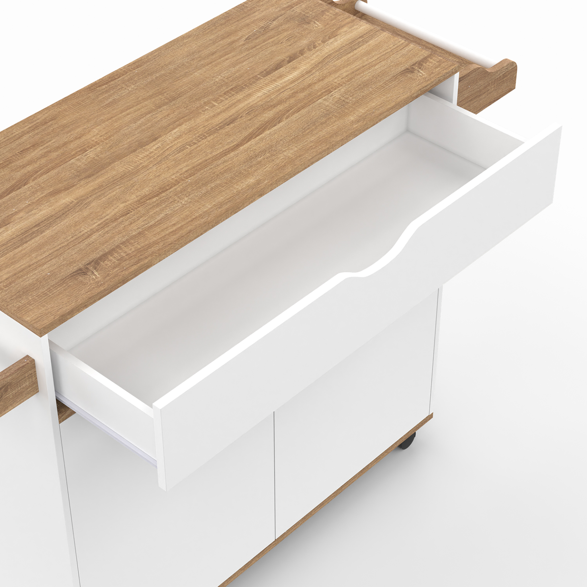 Voir la diapositive 6 : ID MARKET Desserte de cuisine cosy xxl placard avec tiroir blanc et plateaux façon hêtre l.90 cm