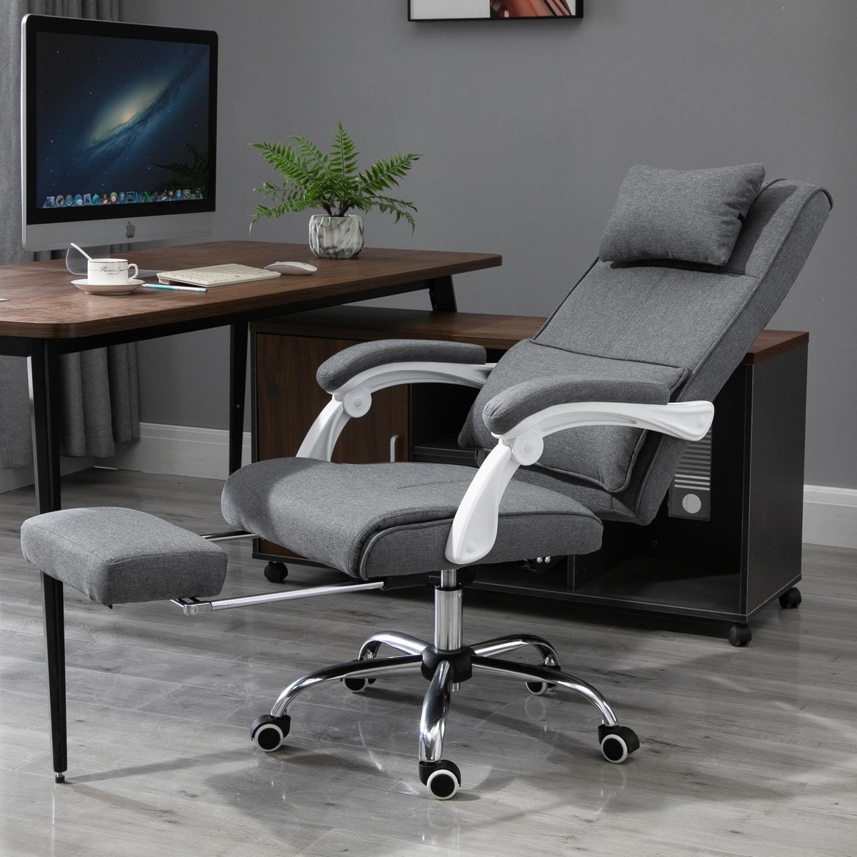 HOMCOM HOMCOM Fauteuil de bureau manager grand confort repose-pied tétière intégrés dossier inclinable lin gris