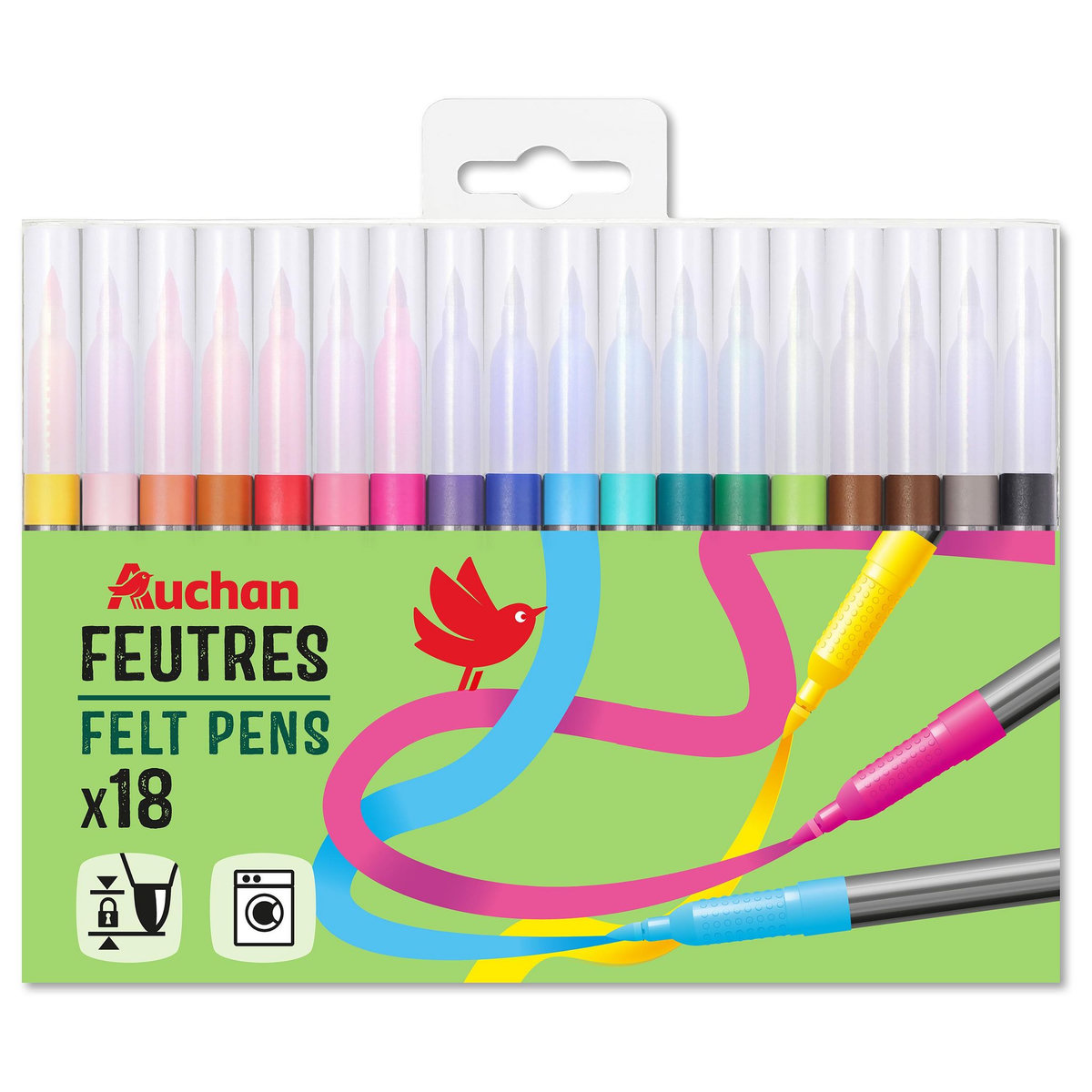 AUCHAN Etui de 18 feutres de coloriage pointe brosse