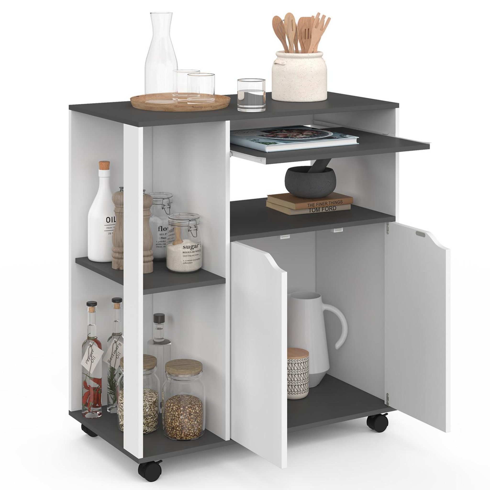 Voir la diapositive 4 : ID MARKET Desserte de cuisine cosi bois blanc et plateau gris l.76 cm