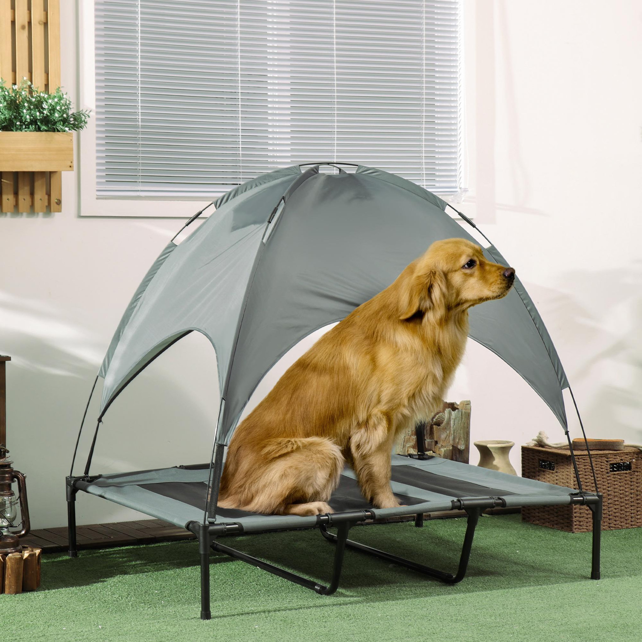 Voir la diapositive 2 : PAWHUT Lit pour chien chat sur pied velum anti-uv tissu oxford micro-perforé sac transport inclus gris