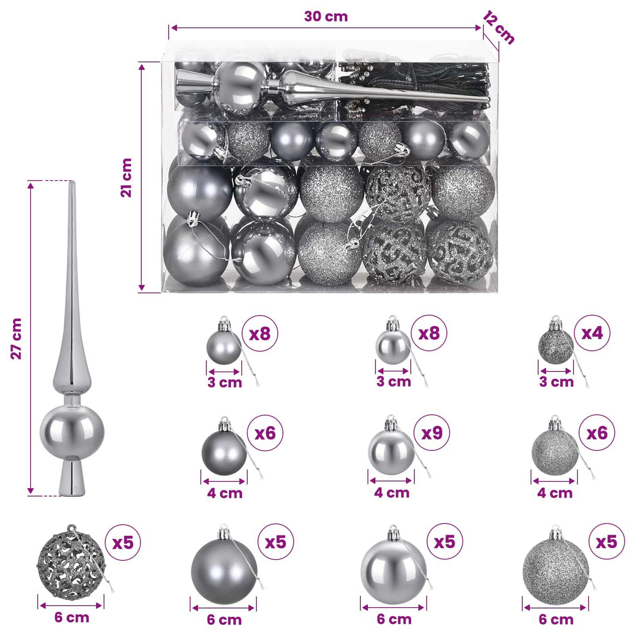 Voir la diapositive 3 : VIDAXL Ensemble de Boules de Noël 61 pc Gris Diam. 6 cm Plastique
