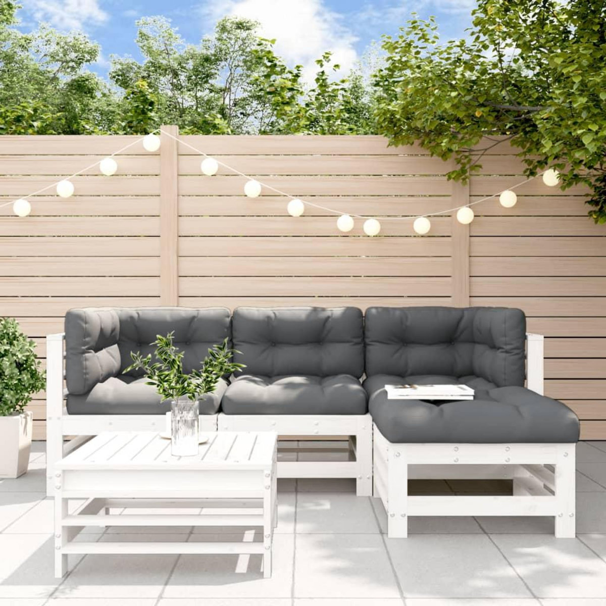 VIDAXL Salon de jardin 5 pcs avec coussins blanc bois massif
