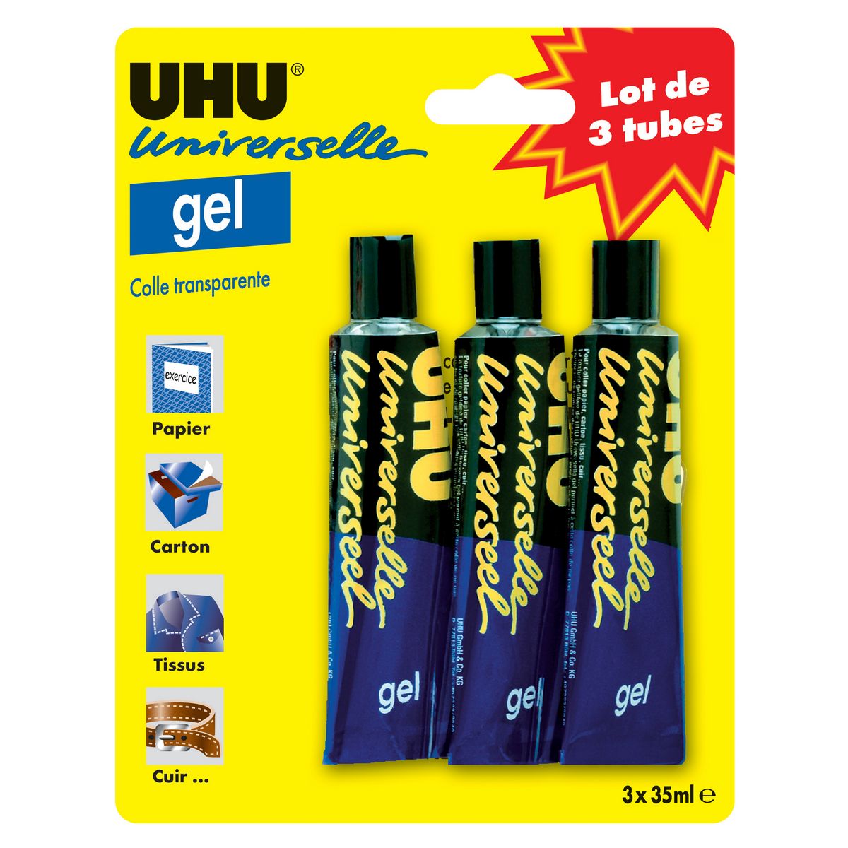 UHU  Lot de 3 tubes de colle en gel Universelle transparente 35ml