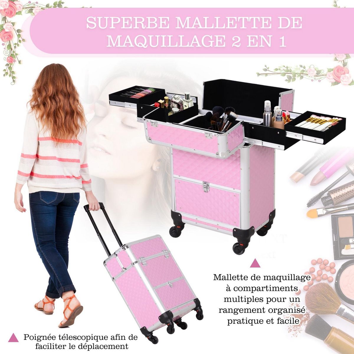 HOMCOM Valise trolley maquillage mallette cosmétique vanity poignée télescopique réglable 34L x 25l x 62H cm alu.