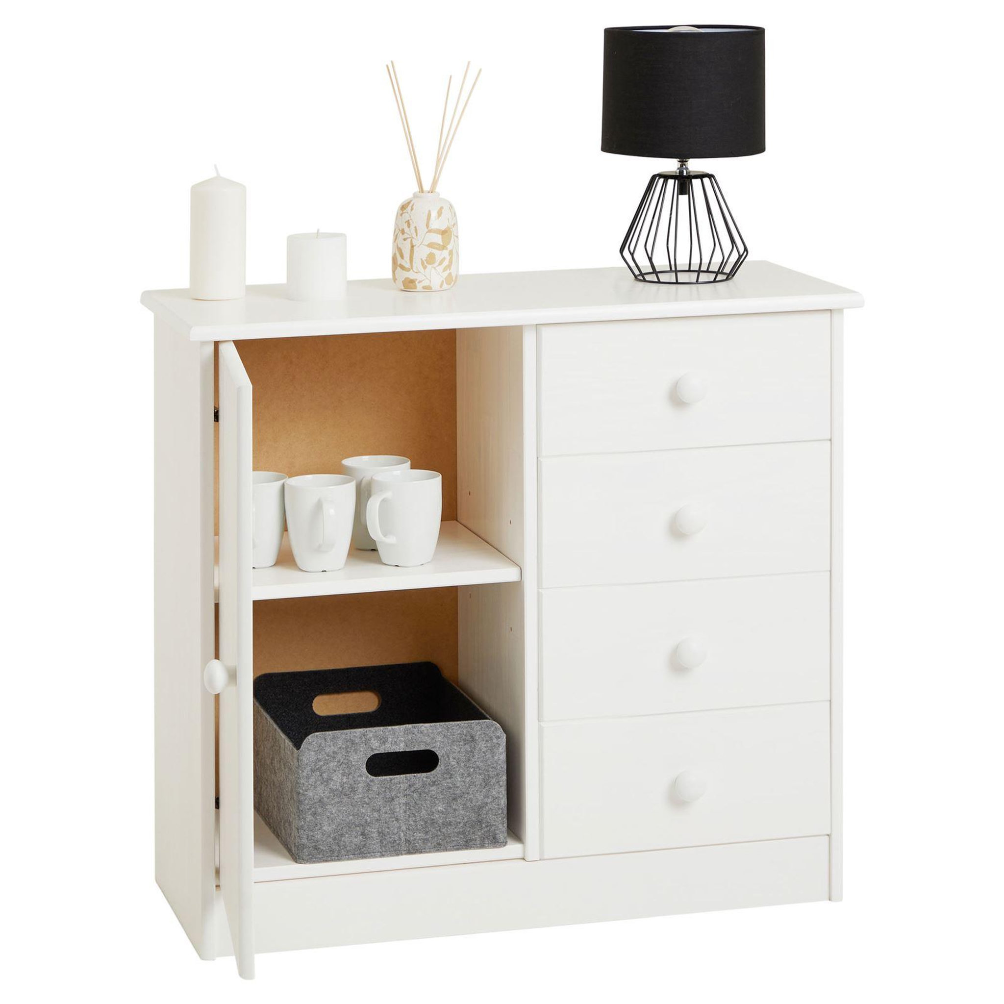 Voir la diapositive 4 : IDIMEX Commode rondo en pin massif, 4 tiroirs et 1 porte