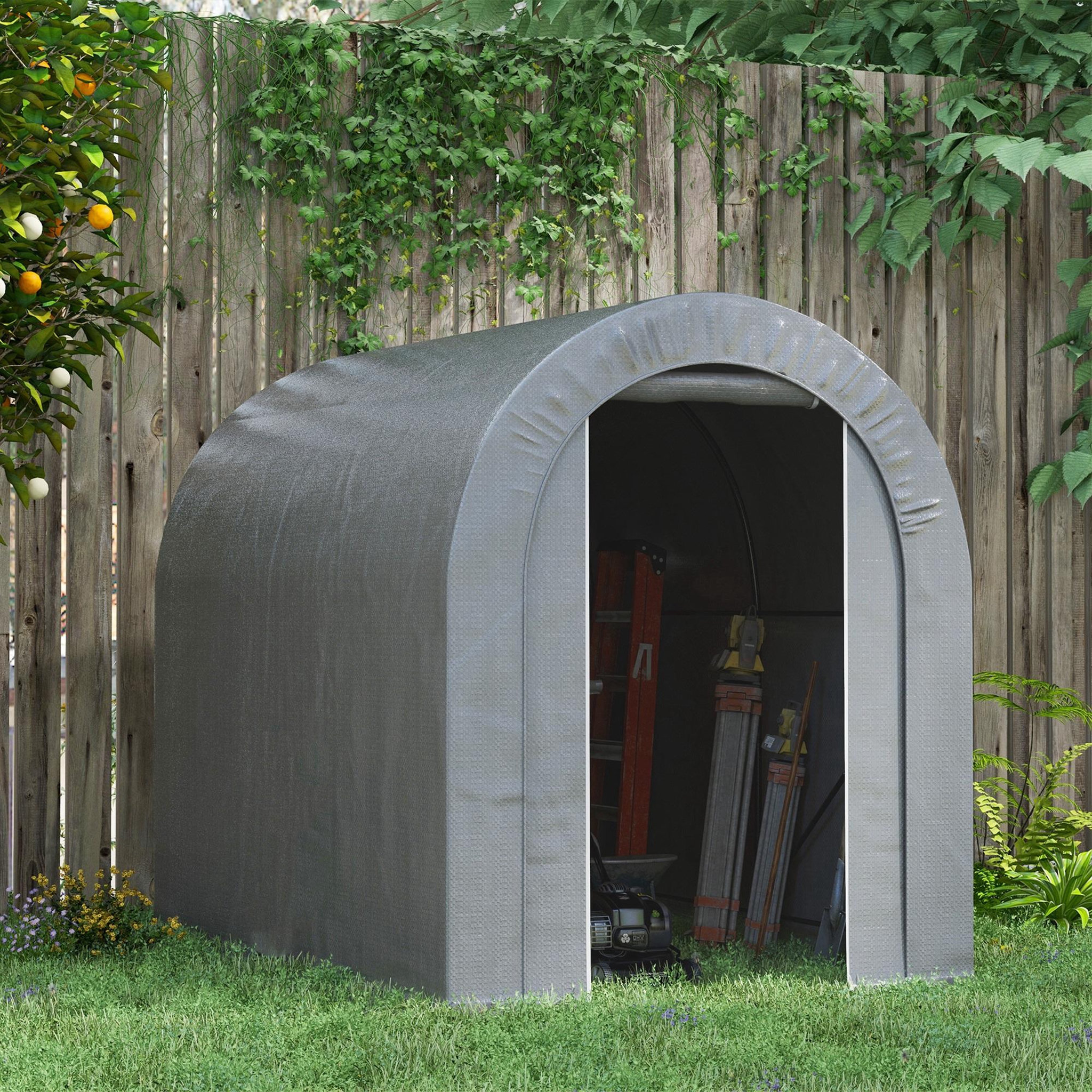 Voir la diapositive 2 : OUTSUNNY Abri de jardin rangement extérieur dim. 239L x 159l x 190H cm - porte zippée - acier galvanisé PE gris