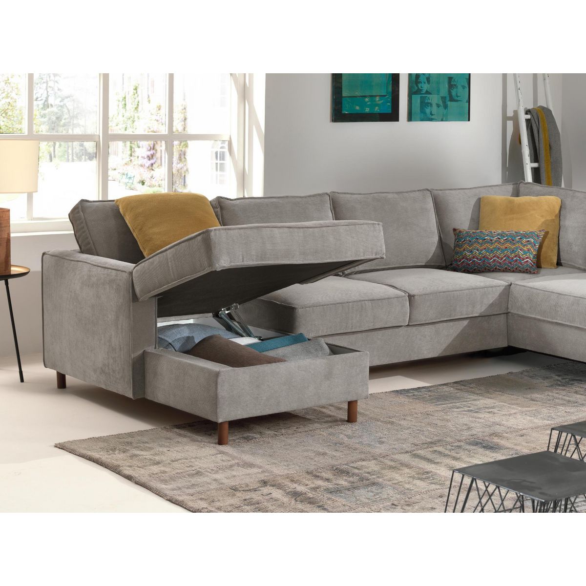 LISA DESIGN Jake - canapé panoramique d'angle droit - convertible avec coffre - 7 places - en velours côtelé