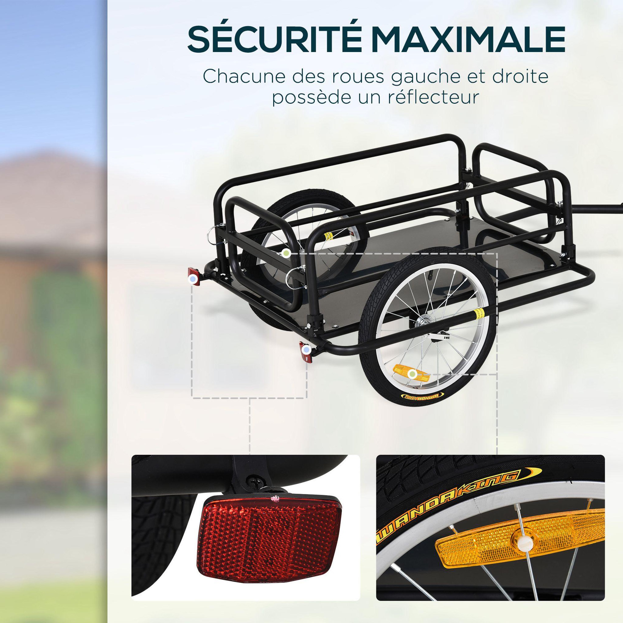 Voir la diapositive 5 : HOMCOM Remorque vélo remorque de transport pour vélo pliable 70l 139l x 71,5l x 49h cm barre d'attelage universelle acier noir