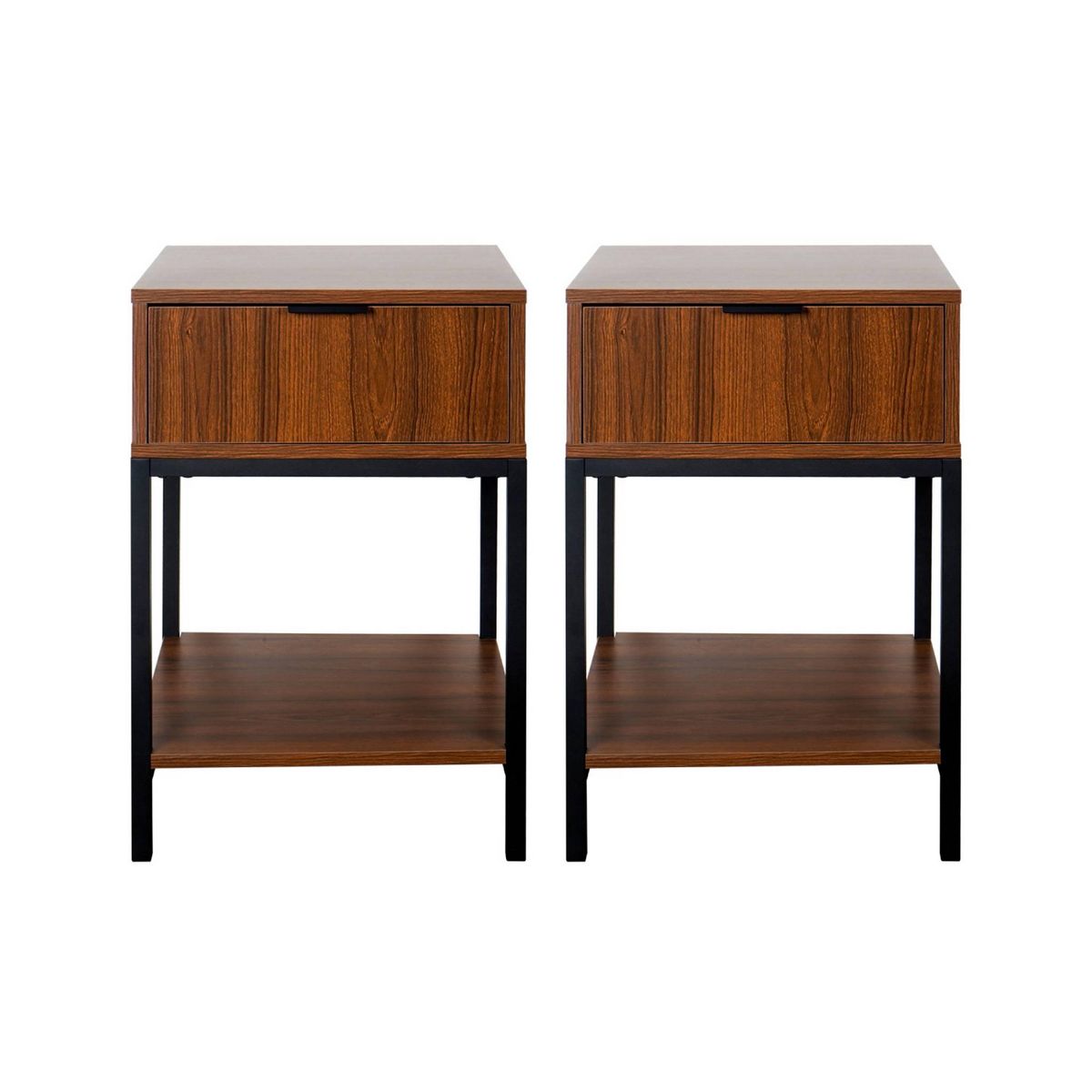 SWEEEK Lot de deux tables de chevet coloris noyer avec pieds et poignée en métal noir - 1 tiroir et 1 étagère