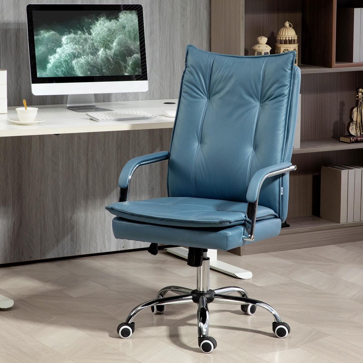 HOMCOM Chaise de bureau manager ergonomique design contemporain métal chromé tissu technique bleu
