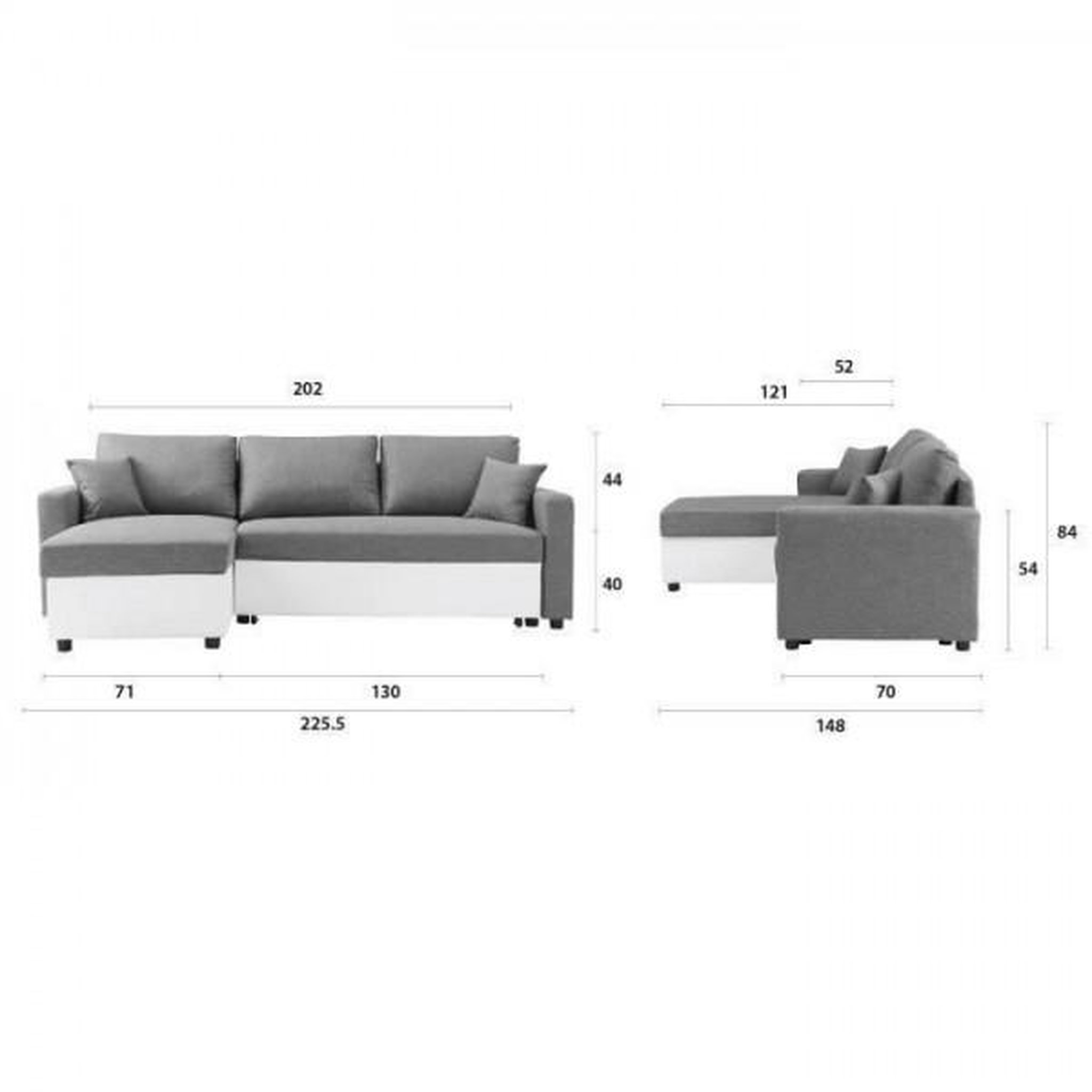 Voir la diapositive 4 : MARKET24 Canapé d'angle réversible convertible grand couchage + coffre - Tissu Blanc et gris - L 228 x P 148 x H 86 cm - OWENS