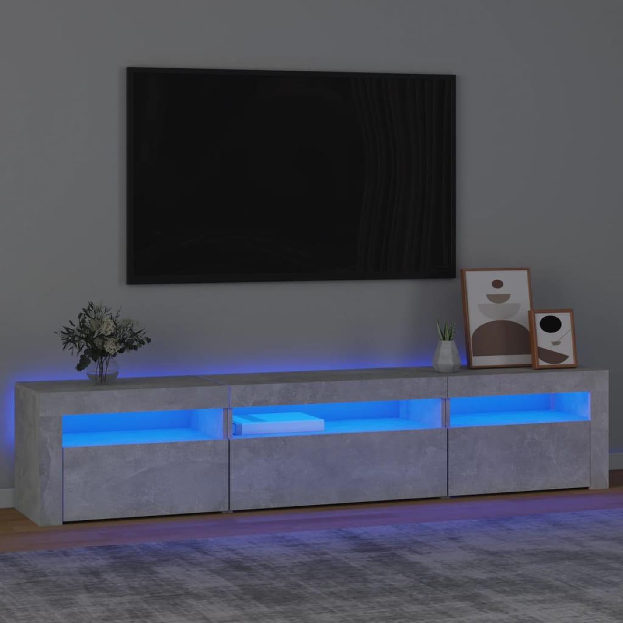 Voir la diapositive 1 : VIDAXL Meuble TV avec lumieres LED Gris beton 195x35x40 cm