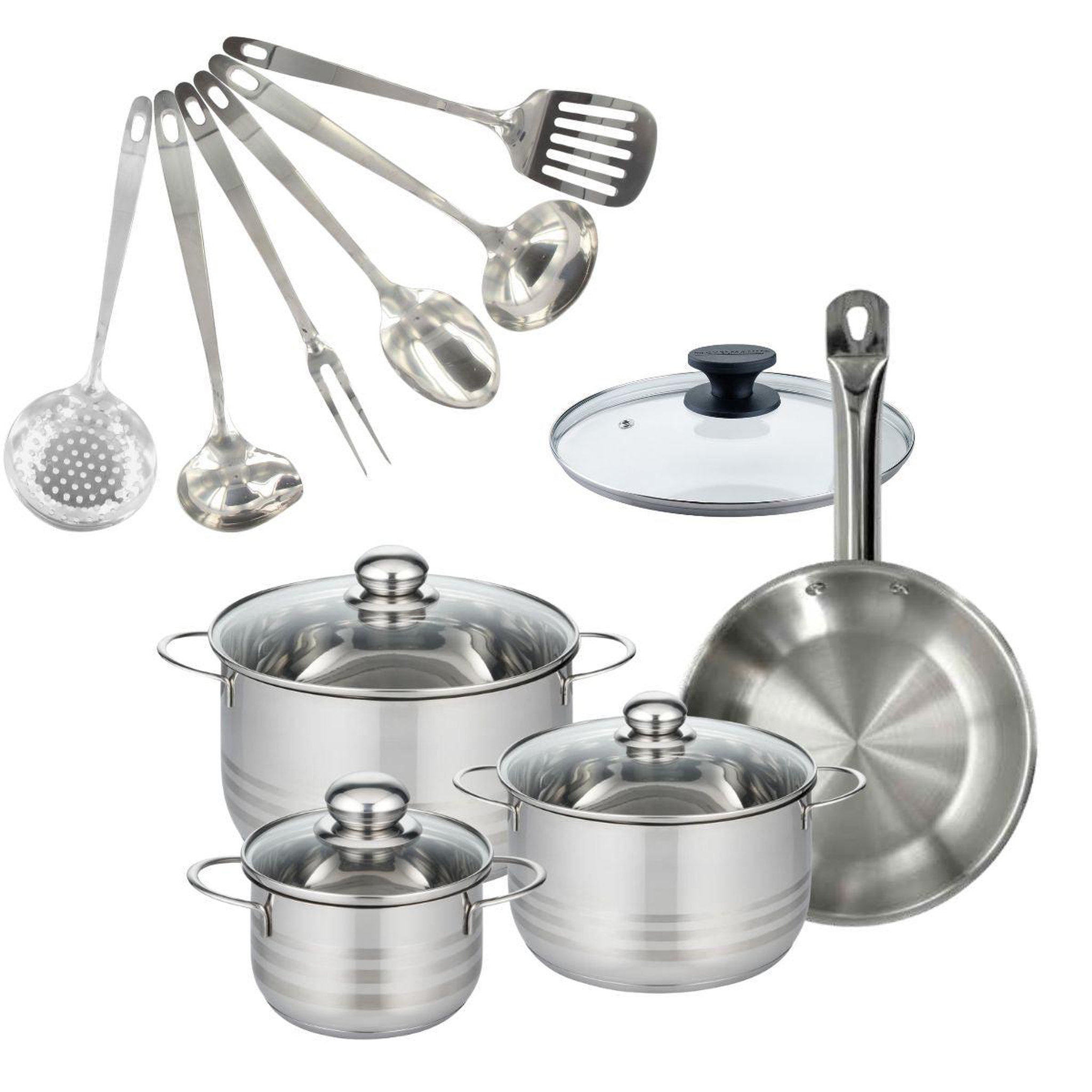 Fackelmann Set 1 poêle 24 cm en inox et couvercle, 3 faitouts inox 16, 20 et 24 cm et 6 ustensiles inox fackelmann eterna