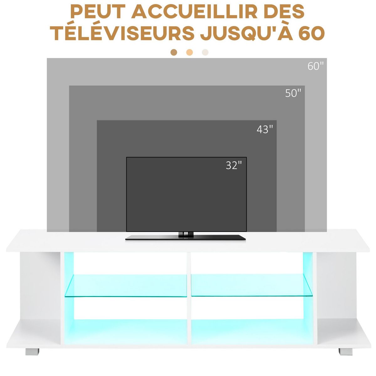 HOMCOM Meuble banc TV sur pieds avec lumières LED - 2 étagères en verre trempé pour télévision jusqu'à 60 pouces style contemporain - 145 x 40 x 45 cm blanc