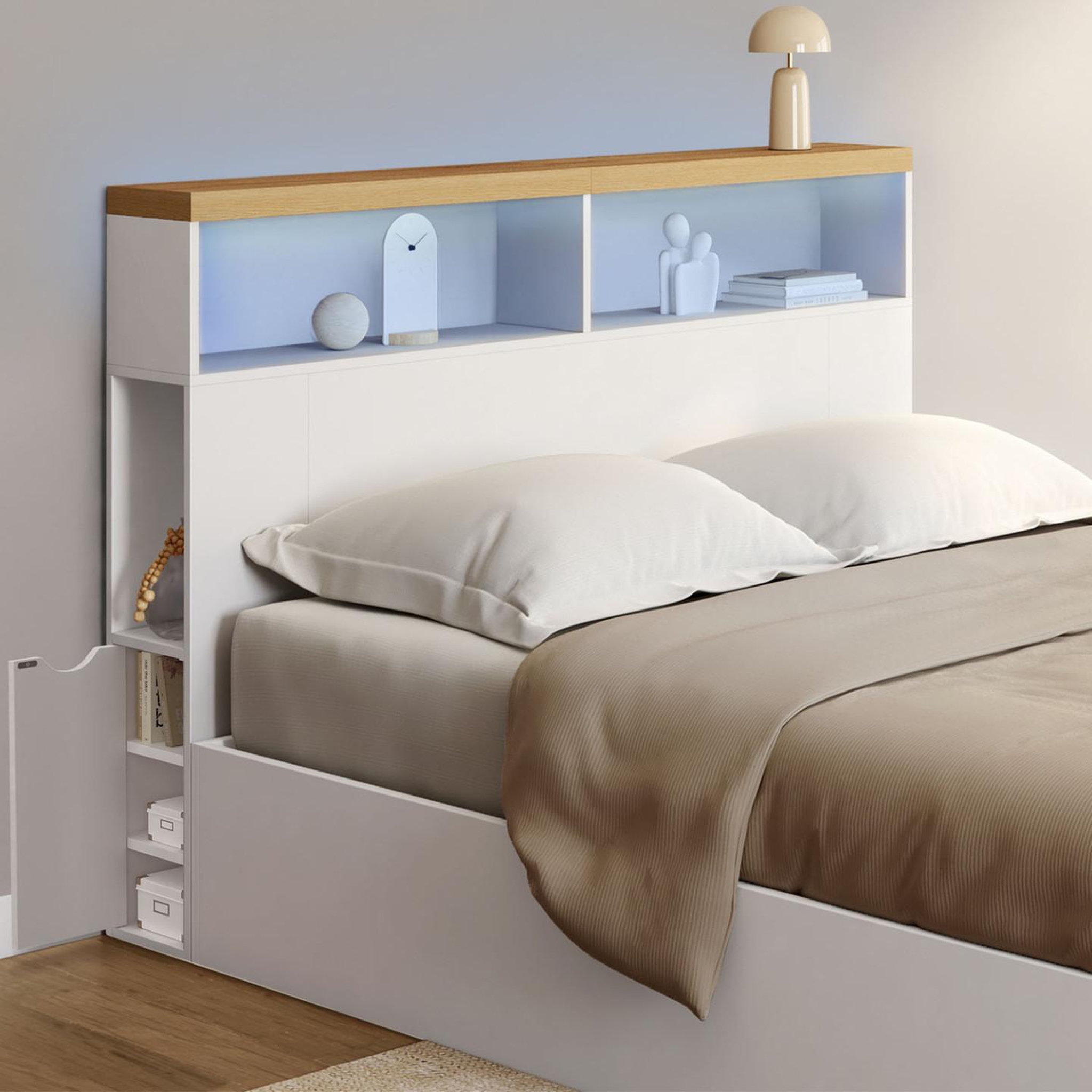 ID MARKET Tête de lit sur pied luna à leds 145 cm avec rangements fermés et niches blanc et plateau effet bois