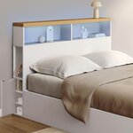 ID MARKET Tête de lit sur pied LUNA à LEDS 145 cm avec rangements fermés et niches blanc et plateau effet bois