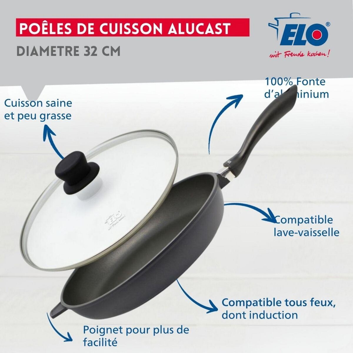 ELO Poêle à frire 32 cm avec couvercle en verre sans PFAS Elo Alucast