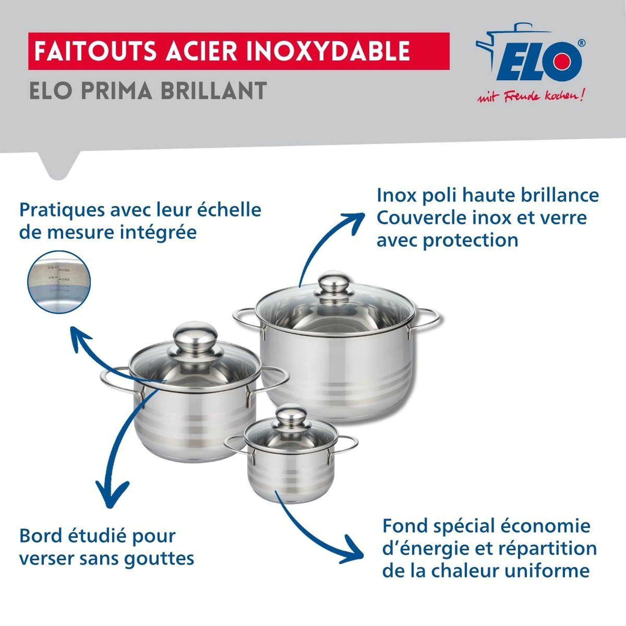 Voir la diapositive 3 : ELO Ensemble de 3 poêles de cuisson 20, 28 et 32 cm et 3 faitouts 12, 16 et 20 cm elo prima brillant