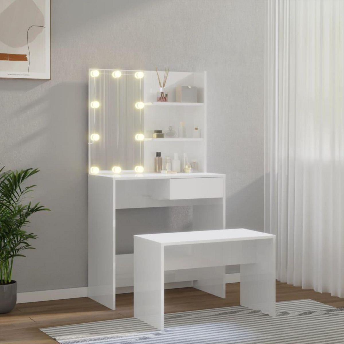 VIDAXL Ensemble de coiffeuse avec LED Blanc brillant Bois d'ingenierie