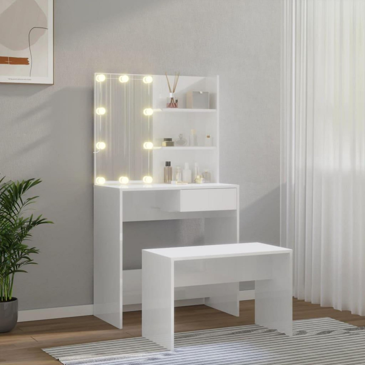 VIDAXL Ensemble de coiffeuse avec LED Blanc brillant Bois d'ingenierie
