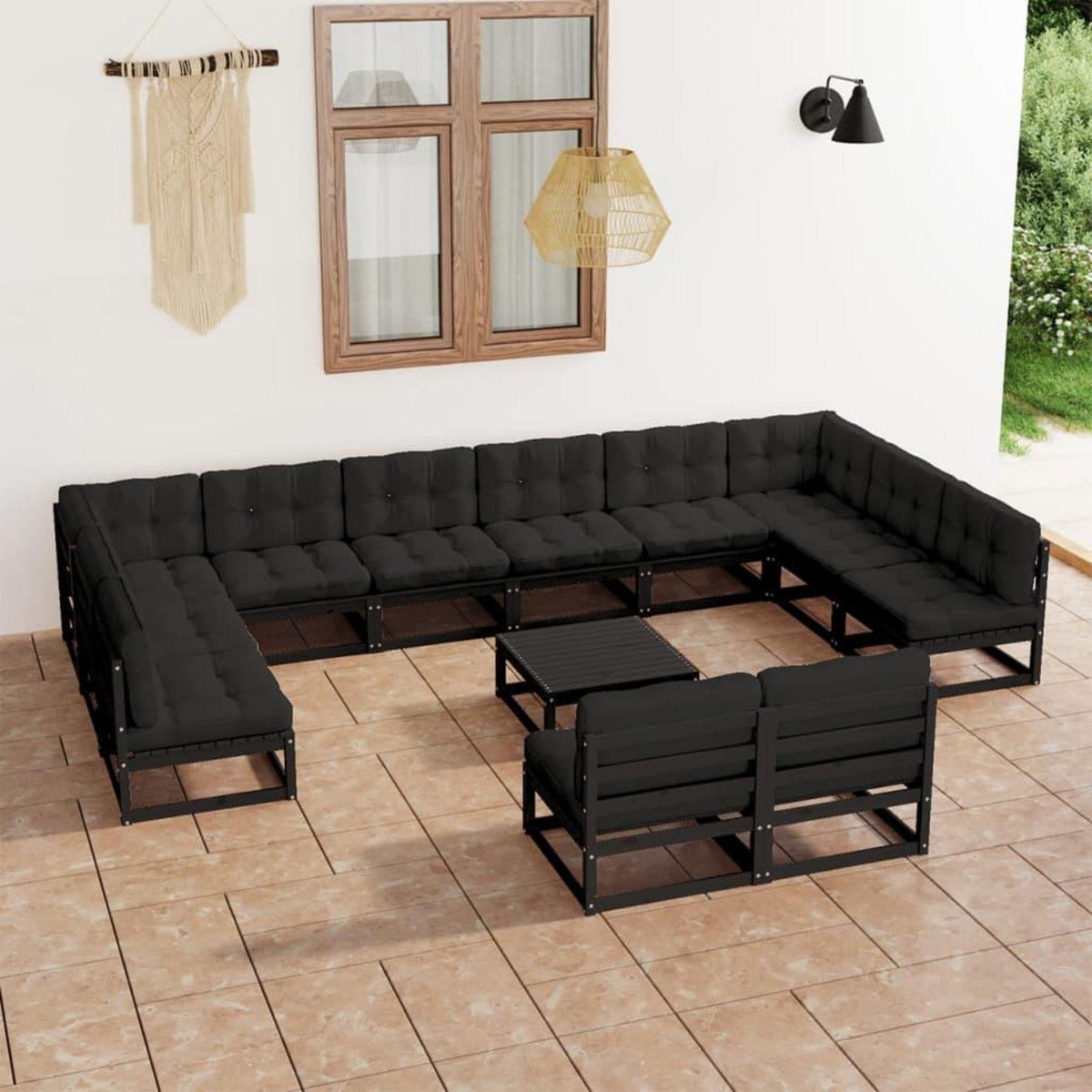 VIDAXL Salon de jardin 13 pcs avec coussins noir bois de pin massif