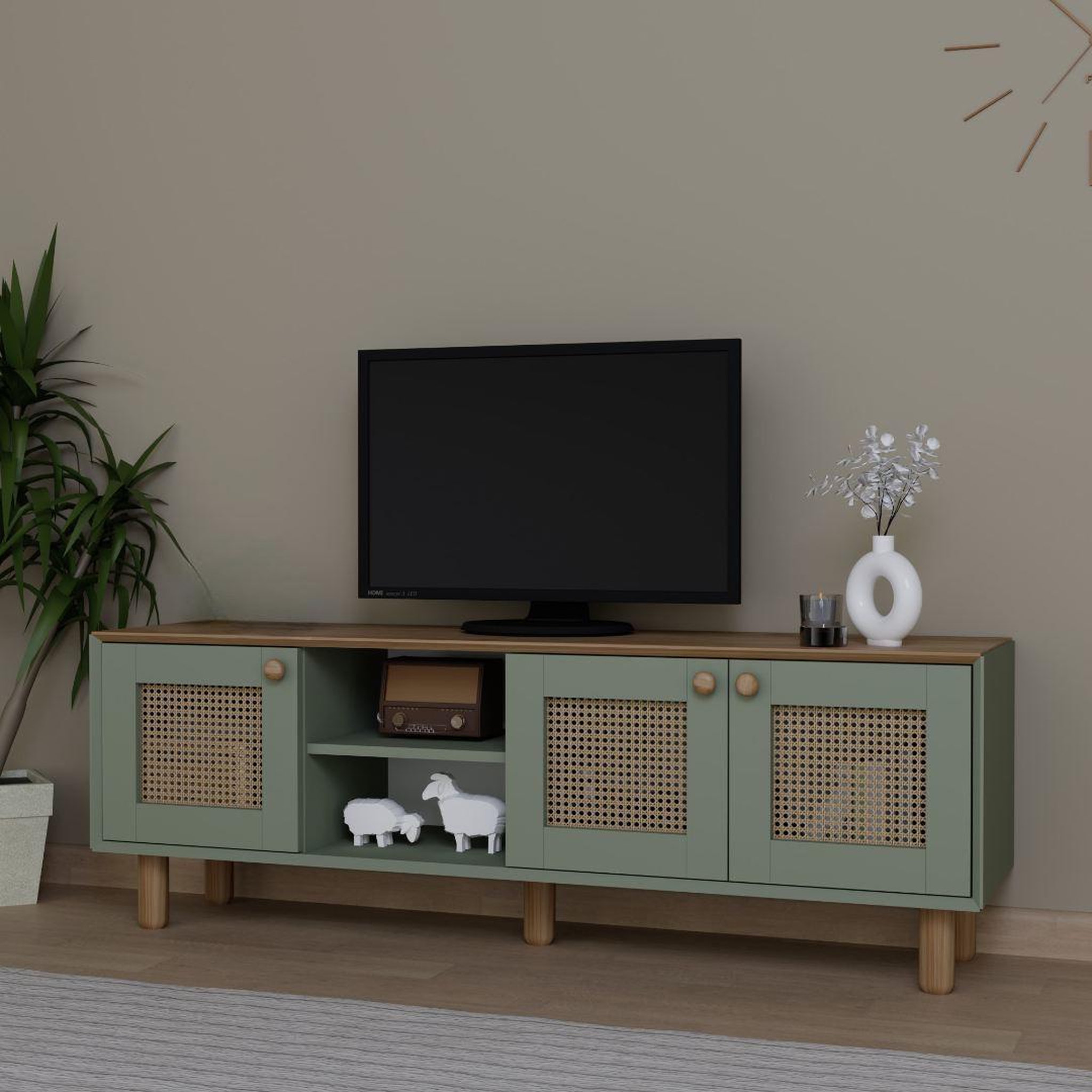 Voir la diapositive 3 : Habitat et Jardin Meuble tv en bois et cannage  bohemian  - 160 x 40 x 56 cm - vert