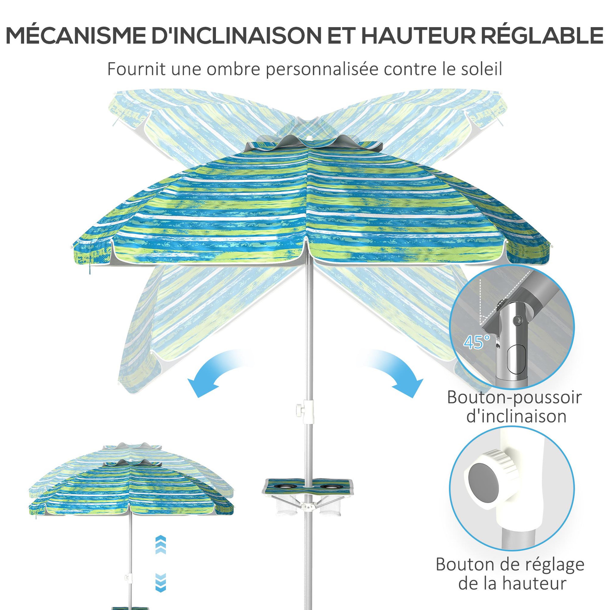 Voir la diapositive 5 : OUTSUNNY Parasol inclinable réglable de plage protection UV50+ Ø190 cm sac et porte-gobelets inclus