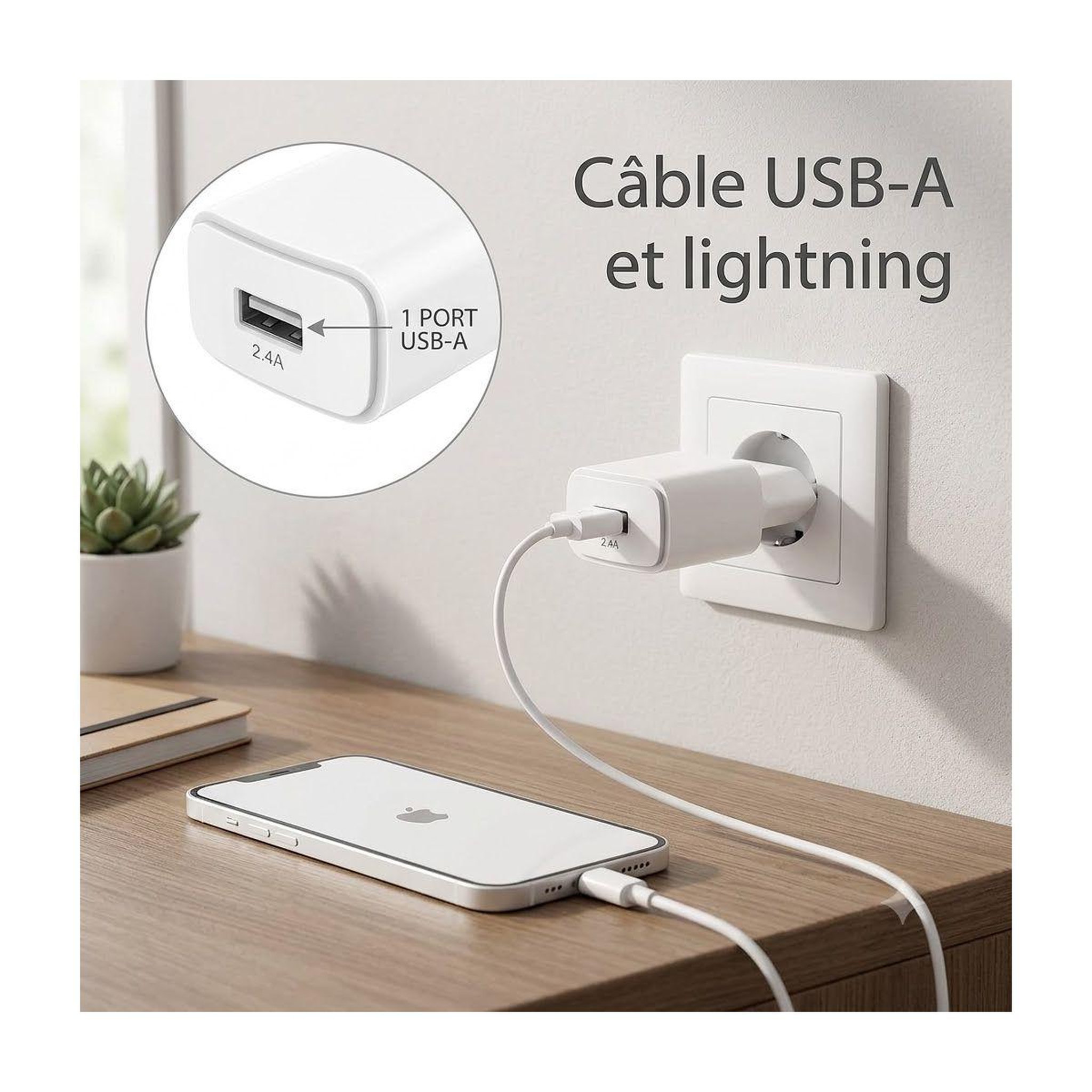 Voir la diapositive 3 : ESSENTIEL B Chargeur + câble 12w usb-a + câble lightning 1m blanc compatible iphone 17 16 15 pro max et samsung galaxy