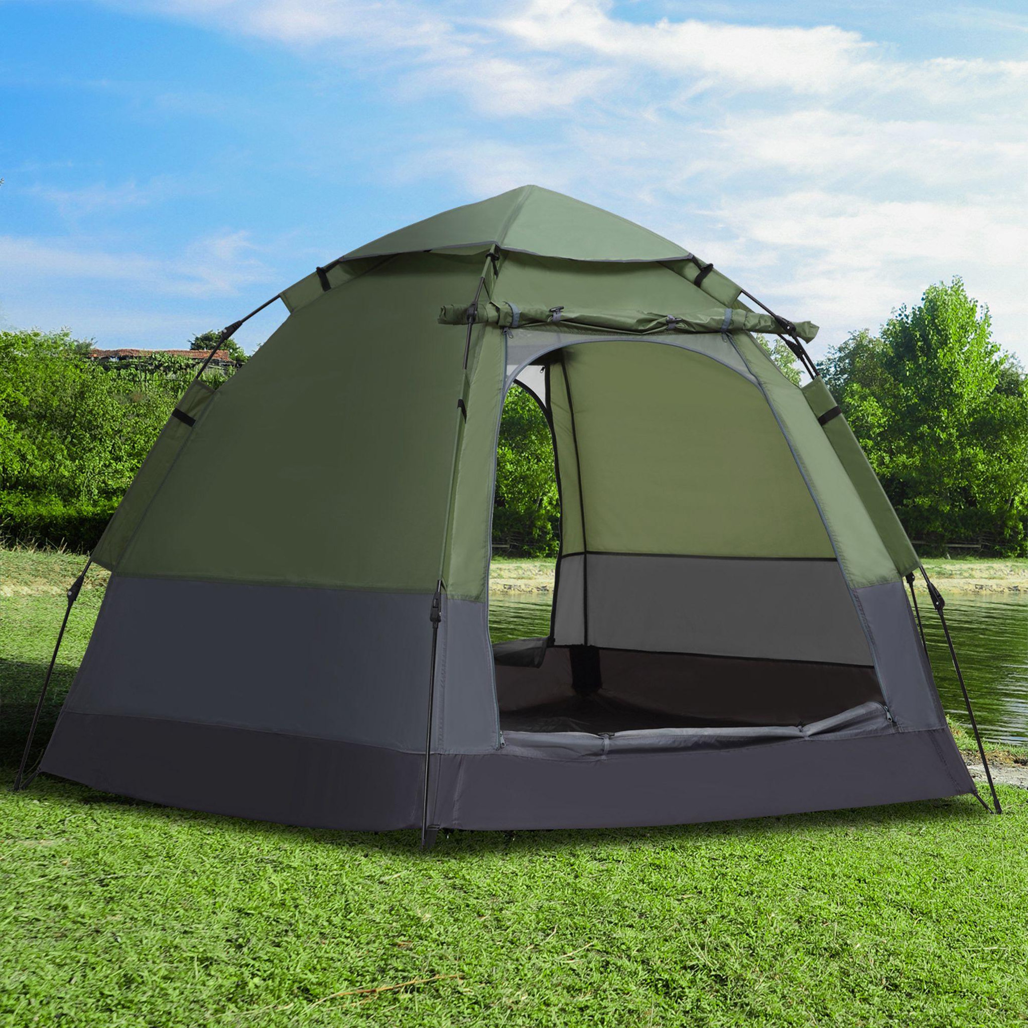 Voir la diapositive 2 : OUTSUNNY Tente pop up montage instantané - tente de camping 3-4 pers.  - 2 grandes portes - dim. 2,6l x 2,6l x 1,5h m fibre verre polyester oxford vert gris