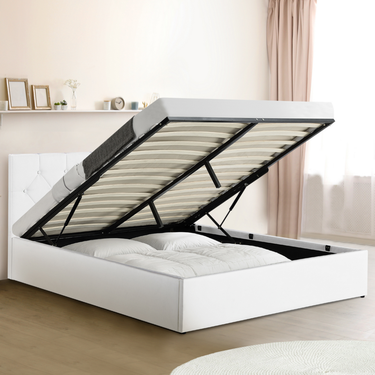 ID MARKET Lit coffre double AUSTIN avec tête de lit et sommier 160 x 200 cm PVC blanc